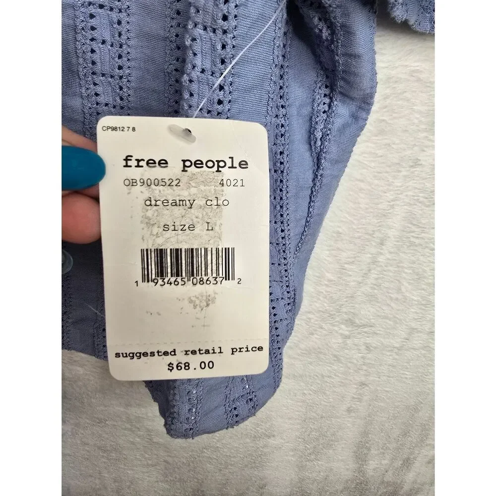 Free People Dreamy Top L Blue Eyelet Puff Sleeve Tie Front Boho Cottagecore NWT